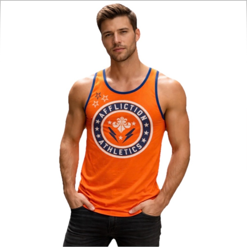 Affliction Men’s Orange & Blue Tank Top Jersey Size Medium